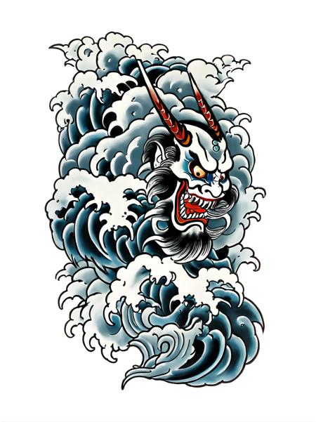 04660-3617059735-best quality, masterpiece,TBD,tattoo, a monster face, white background,cloud,wave,  _lora_TBD-000008_0.8_.png